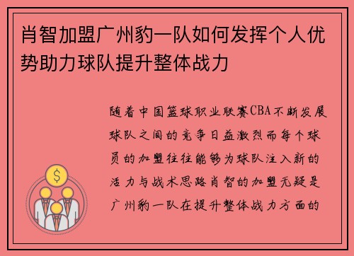 肖智加盟广州豹一队如何发挥个人优势助力球队提升整体战力