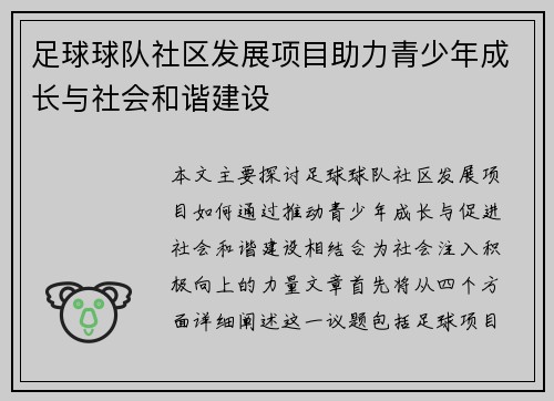 足球球队社区发展项目助力青少年成长与社会和谐建设